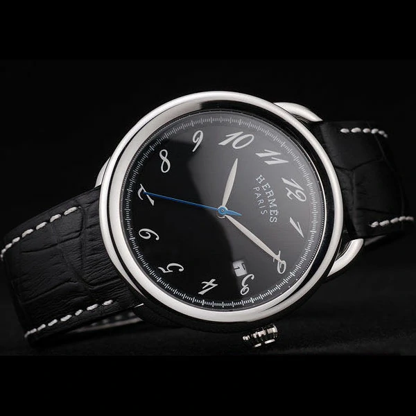 Hermes Arceau Black Dial Black Leather Strap new58708